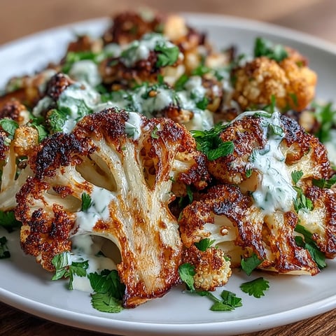 Golden roasted cauliflower florets sit atop a bed of zesty lemon lentil salad, drizzled with creamy cumin tahini yogurt and garnished with fresh herbs.