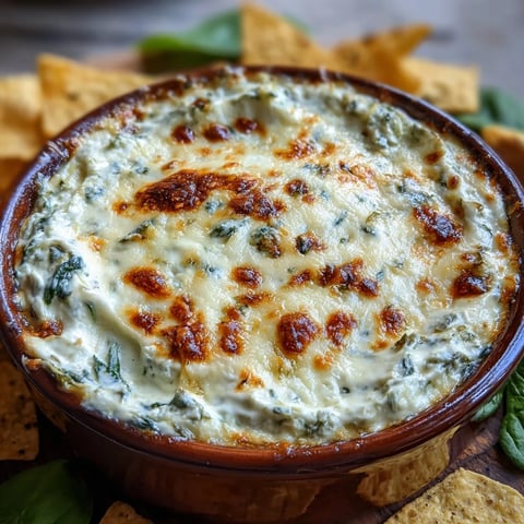 Golden baked Spinach Artichoke Dip in a ceramic dish, bubbling with melted mozzarella and Parmesan. 