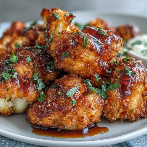 Crispy baked cauliflower florets drizzled with sweet-hot honey glaze on a serving platter.