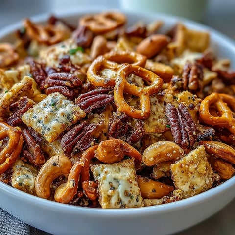 Golden-baked Everything Ranch Cheese and Pretzel Snack Mix in a white bowl, featuring mini pretzels and cheddar crackers glistening with buttery ranch seasoning.