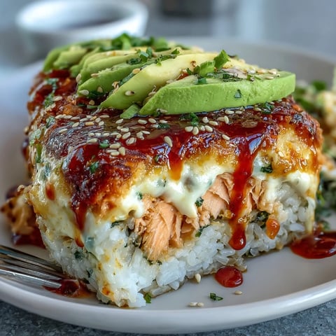 Hot, cheesy Spicy Salmon Sushi Bake fresh from the oven, topped with creamy avocado slices and a spicy mayo drizzle.