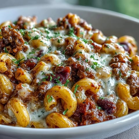 A bowl of One-Pan High Protein Chili Mac topped with green onions, sour cream, and shredded cheddar cheese.