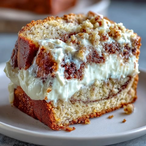 Freshly sliced Cream Cheese Cinnamon Swirl Banana Bread reveals moist yellow crumb and creamy white filling on a rustic wooden board.