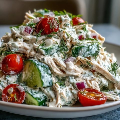 Chilled Tzatziki Chicken Salad in a serving bowl with fresh dill and cucumber, perfect for a light Mediterranean lunch.
