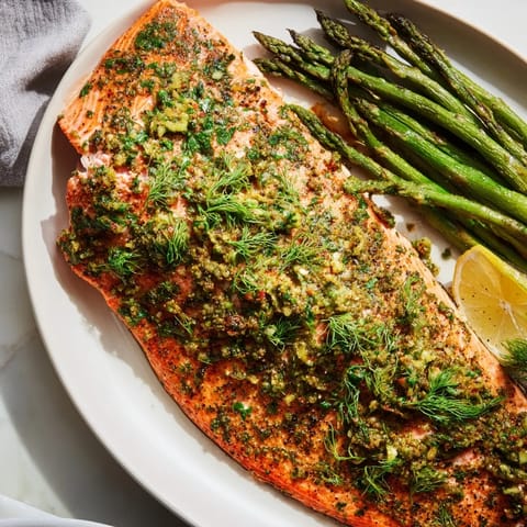 Flaky, oven-baked herb-crusted salmon, complemented by tender asparagus, perfect for a cozy meal.
