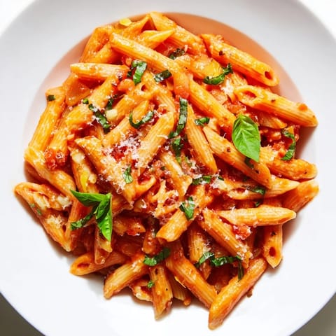 A close-up of the delicious basil garlic one-pot creamy tomato pasta, a vegetarian delight.