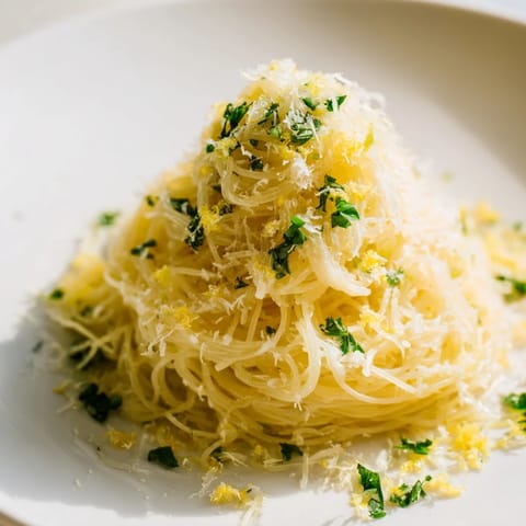 A bowl of delicious Lemon Capellini, perfectly coated in lemon butter sauce, ready to serve.