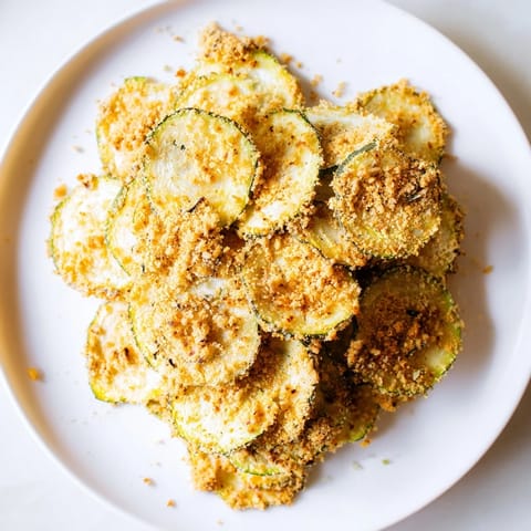 Golden brown zucchini chips, a healthier snack, air-fried to crispy perfection.