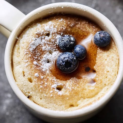 Warm microwave mug pancakes, topped with fresh berries, offer a delightful morning treat.