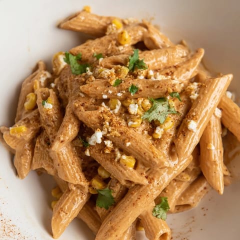 Mexican Street Corn Pasta served warm with lime wedges and a sprinkle of chili powder for flavor.