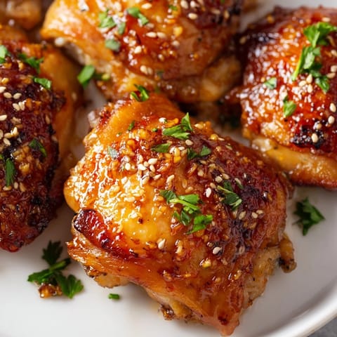 A close-up of juicy Honey Garlic Glazed Chicken thighs coated in a sticky, caramelized sauce with flecks of garlic and red pepper flakes.