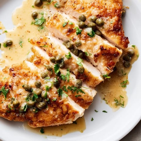 Tender chicken breasts in a rich, creamy lemon caper sauce, with crusty bread for dipping alongside.