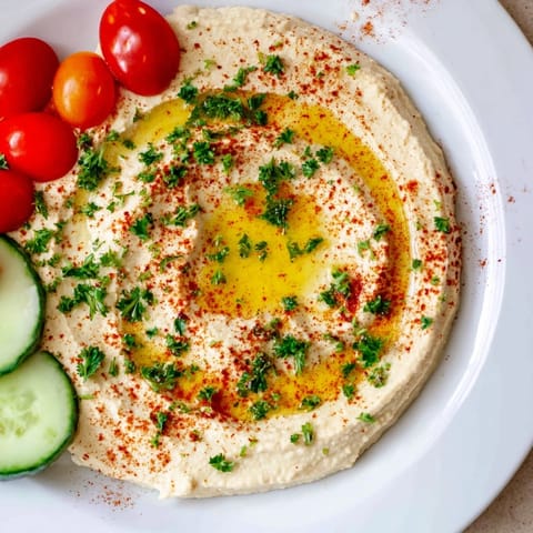 A colorful Middle Eastern Mezze Platter with creamy hummus, briny olives, crumbled feta, and crisp vegetables arranged for sharing.  
