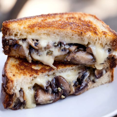 Golden-brown rye bread encases layers of creamy Swiss and savory mushrooms for a comforting, homemade Mushroom Swiss Grilled Cheese.  