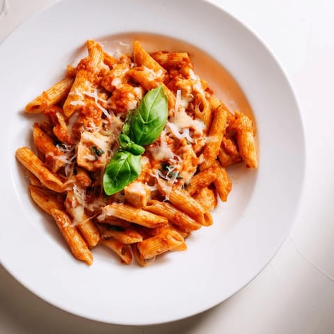 Close-up view of the vibrant Tomato Basil Chicken Pasta, highlighting tender chicken bites, fresh basil garnish, and a glossy, herb-infused red sauce clinging to every noodle.