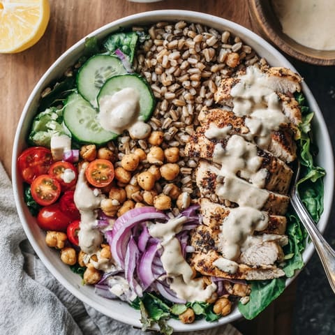 A close-up of the Lemon Tahini Chicken Power Bowl shows a creamy lemon-tahini sauce drizzled over juicy chicken, tomatoes, and cucumber.