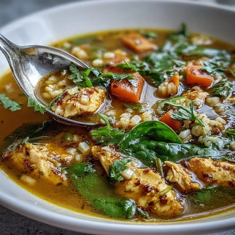 A warm bowl of Soothing Turmeric Chicken With Pearl Barley, featuring golden broth, tender chicken pieces, and vibrant vegetables garnished with fresh parsley.