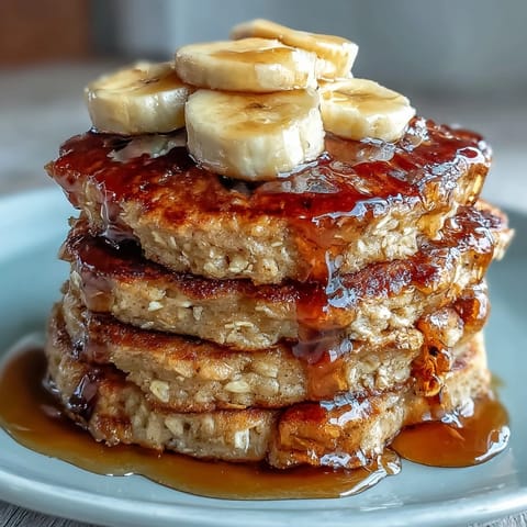 Golden-brown Banana Oat Pancakes with a fluffy texture and soft oat grain, stacked on a white plate.  