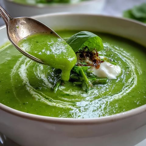 Vibrant Courgette, Pea and Pesto Soup in a rustic bowl, topped with a swirl of creamy pesto and fresh basil garnish.