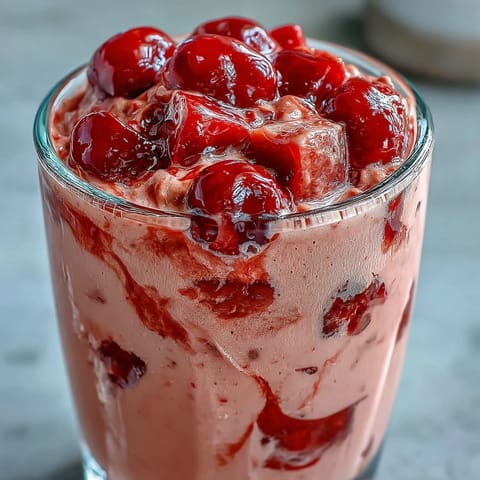 Creamy, ruby-red Cherry Almond Smoothie in tall glasses, garnished with sliced almonds and fresh cherries.