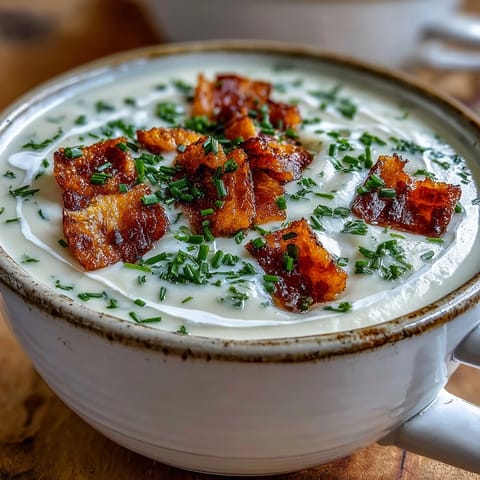Creamy celeriac soup in a rustic bowl, topped with crunchy bacon crumbles and finely chopped chives.