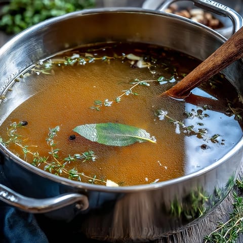 A close-up of Vegetable Broth From Scraps simmering in a large pot, with aromatics like bay leaf and peppercorns visible in the golden liquid.
