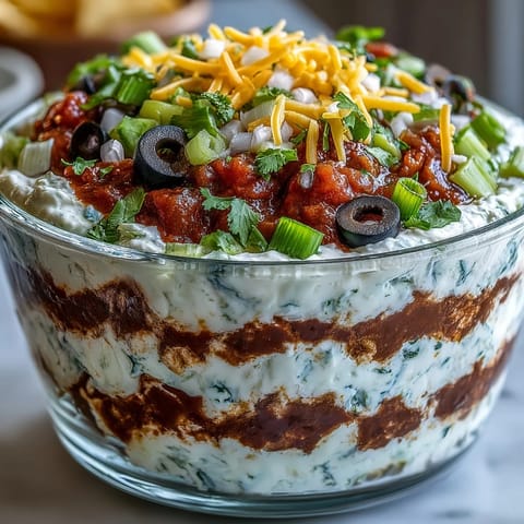 A chilled 4-Way Layered Dip with smooth sour cream, cheddar, olives, and green onions, served with crispy tortilla chips for dipping.