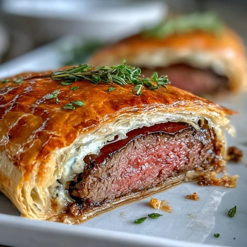 Sliced Beef Wellington revealing juicy pink beef, mushroom duxelles, and prosciutto layers.