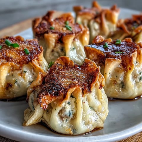 Steaming pan-fried Smash Dumplings with golden-crisp edges and a savory pork and ginger filling on a white plate.