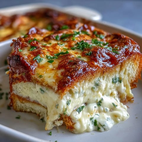Layers of buttery bread, savory ham, and creamy béchamel sauce inside a baking dish.