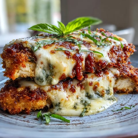 Pesto Chicken Parmesan baked with bubbly mozzarella and Parmesan cheese, ready to serve over pasta.