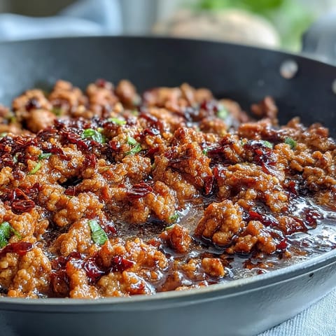 A close-up of Korean-Style Ground Turkey in a white bowl, garnished with toasted sesame seeds and fresh chives, served alongside fluffy steamed rice. 