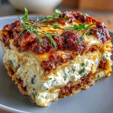 Golden, bubbling cheese tops the freshly baked World's Best Lasagna, ready to be sliced and served with a side of garlic bread.