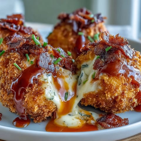 Golden-brown Buffalo Chicken Bacon Mozzarella Bombs on a plate, served with a side of creamy blue cheese dip.