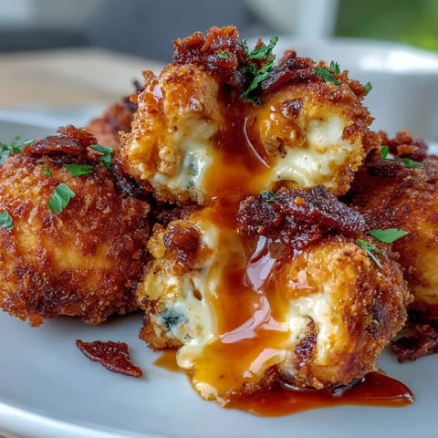 Fried Buffalo Chicken Bacon Mozzarella Bombs drizzled with extra sauce and garnished with fresh parsley.