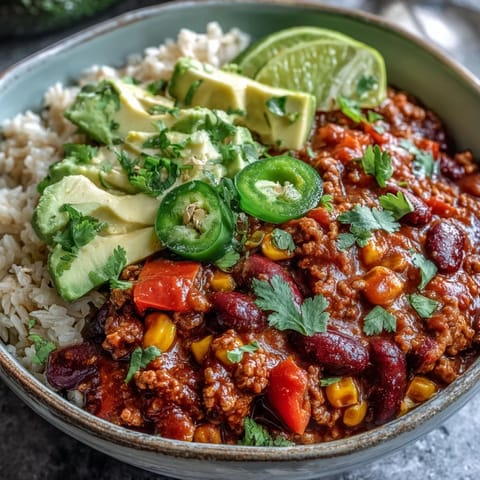 Delicious Chili Bowl Base recipe, a comforting meal with rice and garnishes.
