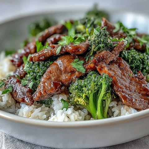Tender beef strips and crisp steamed broccoli on fluffy rice with savory soy-ginger sauce in a bowl.  