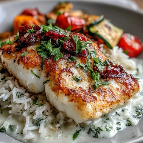 Crispy-edged white fish in a colorful bowl features roasted vegetables, bright lemon butter sauce, and fresh parsley garnish.
