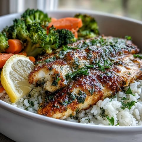 Flaky herb-baked tilapia rests on fluffy rice with bright steamed broccoli and carrots for a wholesome, easy weeknight bowl.