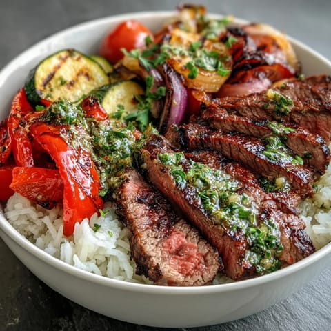 Colorful grilled steak bowl piled high with roasted vegetables, ready to eat.