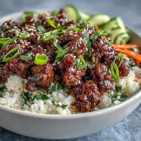 Freshly sliced green onions and sesame seeds garnish this easy Korean Ground Beef Bowl served over fluffy rice.
