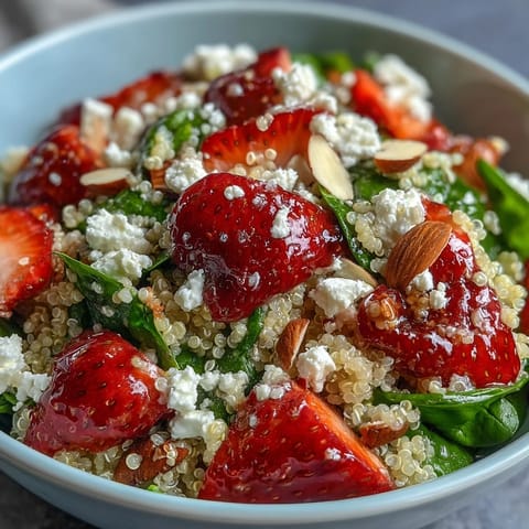 A colorful quinoa salad with ripe strawberries, crumbled feta, and a tangy balsamic glaze, perfect for spring lunches or picnics.