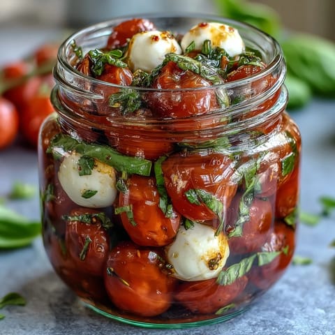 Vibrant Mason Jar Caprese Salad with cherry tomatoes, mozzarella, and basil in a portable jar—perfect for picnics and easy lunches.
