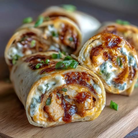 Buffalo Chicken Cream Cheese Pinwheel Wraps with shredded chicken, creamy cheese, and spicy Buffalo sauce in soft tortillas.