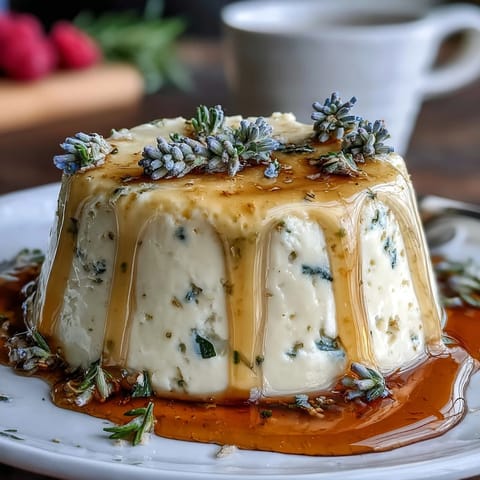 Silky honey lavender panna cotta with a delicate floral aroma, served in elegant glasses with a drizzle of golden honey.