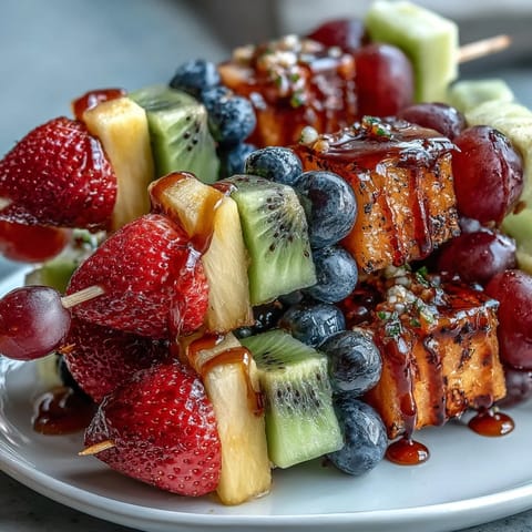 Rainbow Fruit Skewers with Honey Dip: Colorful fresh fruits on skewers served with creamy honey-yogurt dip for a vibrant, healthy treat.