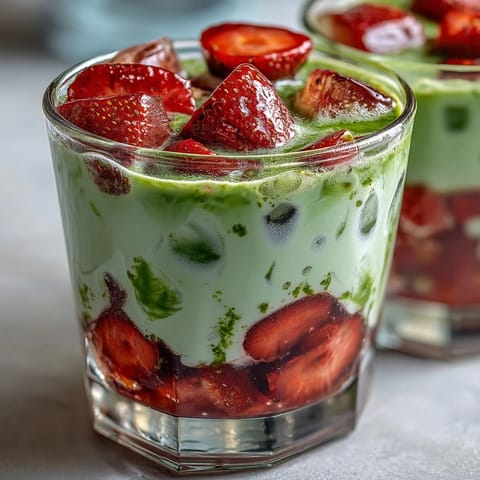 A vibrant strawberry matcha latte with oat milk, layered with fresh strawberry puree and earthy matcha, perfect for a refreshing vegan drink.