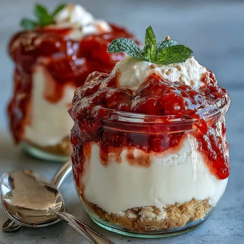 Individual No-Bake Strawberry Cheesecake Jars topped with vibrant strawberry sauce and mint garnish.