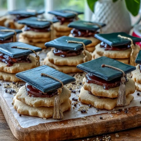 Close-up of buttery graduation cookies, diploma and cap shapes, outlined in gold.