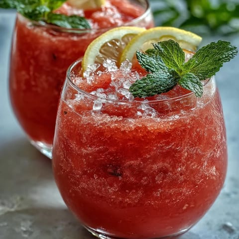 Vibrant, healthy Frozen Watermelon Lemonade Slushie garnished with mint.